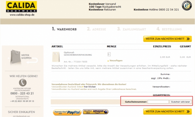 Gutschein-Hilfe Calida-Shop