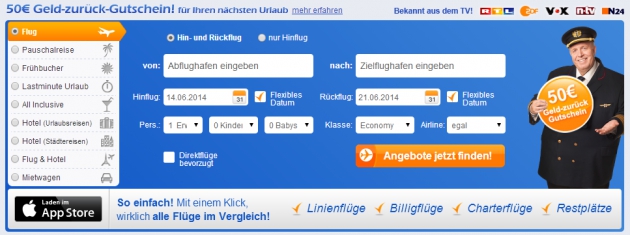 die Suchmaske von Fluege.de findet für Dich den günstigsten Preis