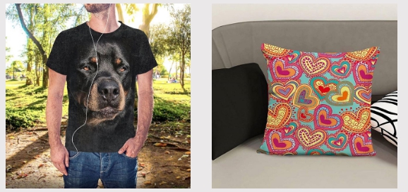 Mann im T-Shirt mit Hund, buntes Kissen 