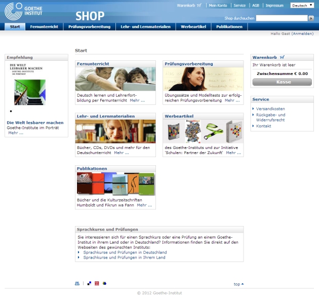 die Startseite des Online-Shops vom Goethe-Institut