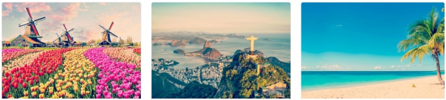 Drei Bilder von Reisezielen: Niederlande, Brasilien und Kuba