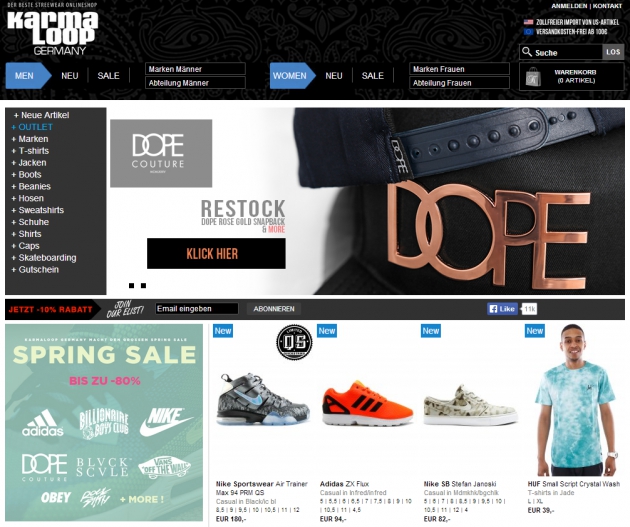die Startseite des Shops Karmaloop die Startseite des Shops Karmaloop