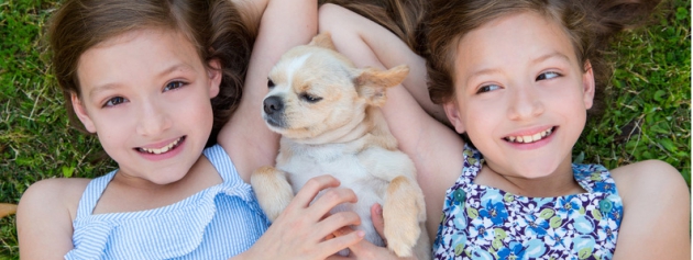 Kinder mit Hund auf einer Wiese liegend
